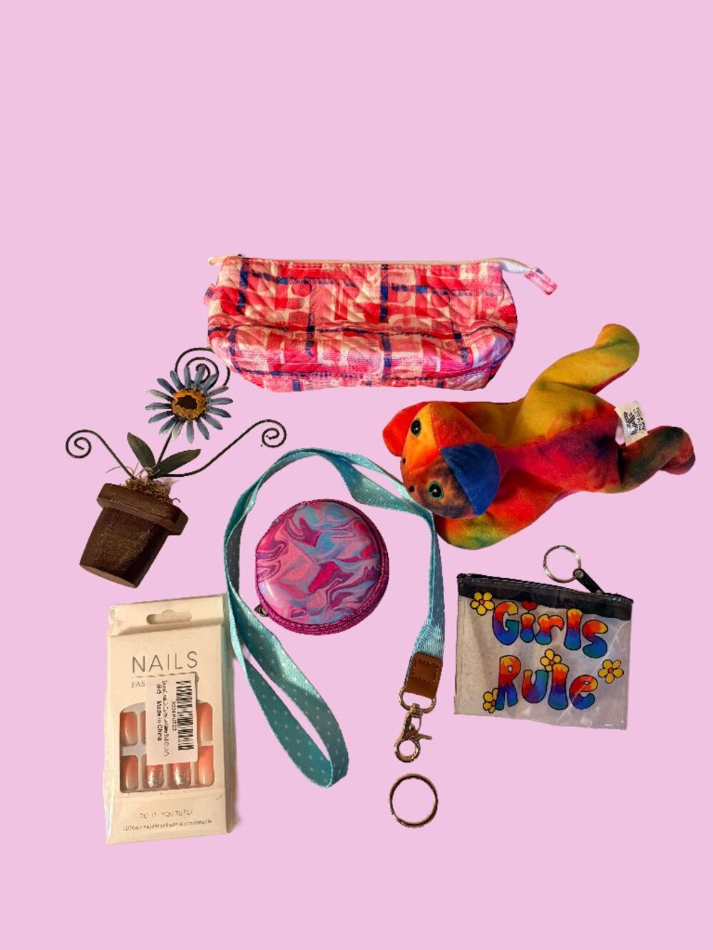 Genuine Vintage Y2K Bundle Lot – Tie Dye Plush, Girls Rule Pouch, Metal Daisy De
